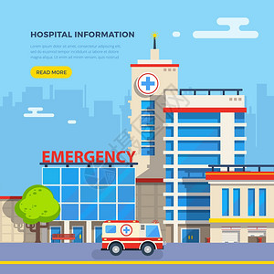 医院平插图医院大楼急救车城市景观背景平矢量图上图片