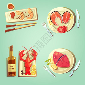 海鲜卡通图标彩色卡通2x2海鲜龙虾寿司鲑鱼柠檬红藤鱼矢量插图图片
