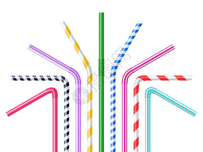 喝吸管的现实插图饮用同颜色的塑料吸管与条纹真实矢量插图图片