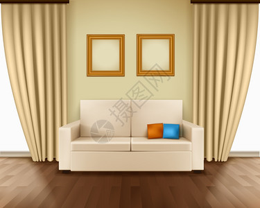 现实的房间内部现实的房间内部与豪华窗帘,沙发枕头框架镶花地板矢量插图图片