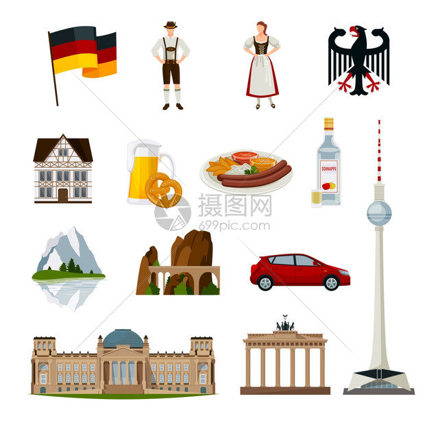 德国平图标收藏德国平图标集合与传统元素符号主要景观的孤立矢量插图图片