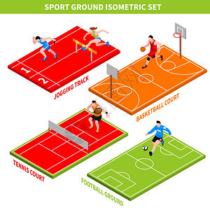 运动等距等距与慢跑轨道彩色球场各种体育游戏的基础上白色背景矢量插图图片