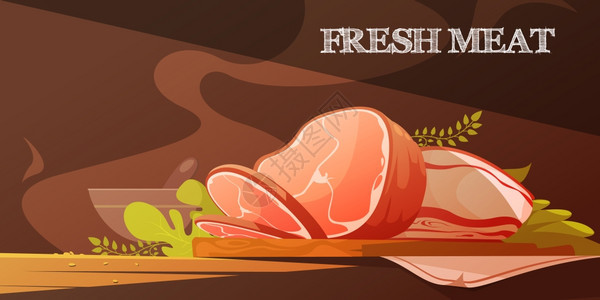 鲜肉卡通插图新鲜肉类平矢量插图卡通风格与美味的培根切片烤猪肉火腿图片