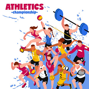 五颜六色的运动等距海报彩色运动等距海报与活跃的球员运动员运动员飞溅背景矢量插图图片