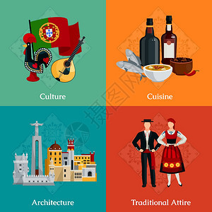 葡萄牙2x2平图标明亮的2x2平图标与传统的葡萄牙服装美食文化建筑彩色背景矢量插图图片