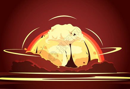 核弹爆炸复古卡通海报核沙漠试验复古卡通海报与上升放射加热亮黄色蘑菇云矢量插图背景图片