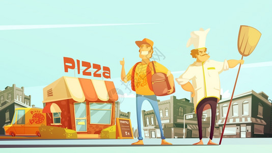 披萨送货插图比萨饼送货平矢量插图卡通风格与厨师快递黄色小巴送货比萨饼店城镇景观图片