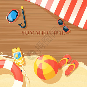 海滩设备插图海滩设备与沙子夏季时间符号平矢量插图图片