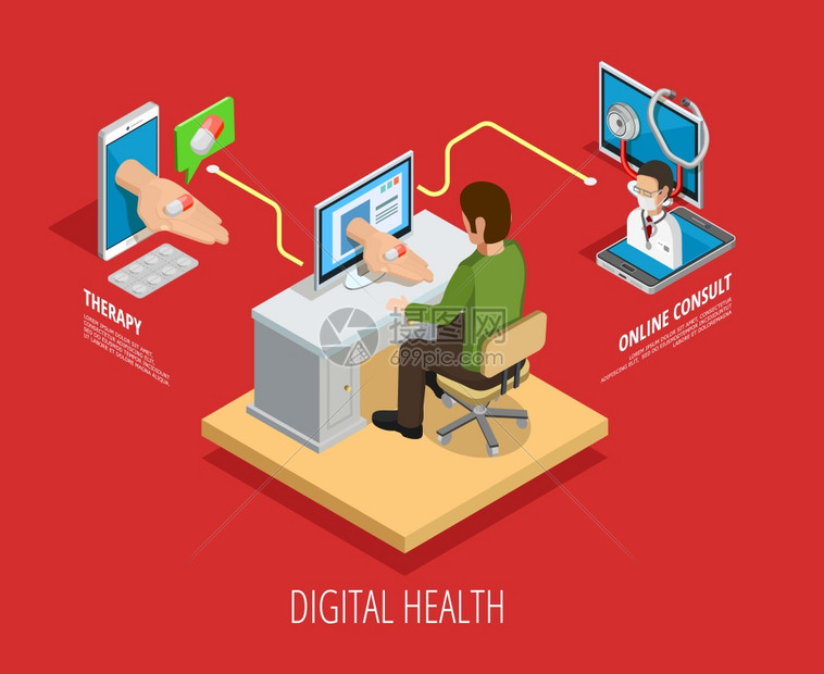 数字线医疗等距模板数字线医疗等距模板与医生咨询药物接收孤立矢量插图图片