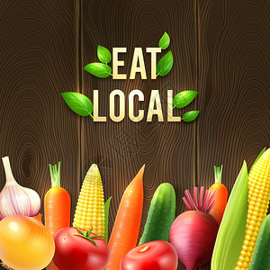 生态农业蔬菜海报生态农业蔬菜海报与洋葱,大蒜,黄瓜,番茄,甜菜,玉米胡萝卜木制背景矢量插图图片