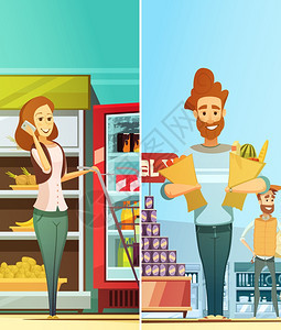 超市购物2垂直复古横幅超市购物2复古卡通垂直横幅与快乐客户购买食品孤立矢量插图图片