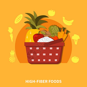 高纤维食品超市成超市篮子成与新鲜健康食品水果蔬菜符号橙色背景平矢量插图图片