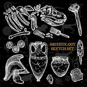 考古学黑板素描集考古学黑板素描套古代陶瓷投手骑士头盔动物骨骼矢量插图图片