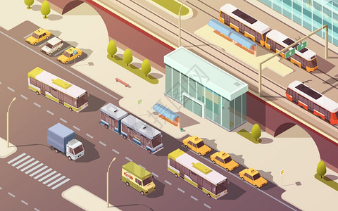 城市交通等距插图城市交通与自行车汽车巴士电车符号等距矢量插图图片