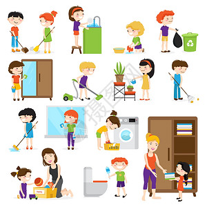 孩子清洁装置彩色卡通集与孩子清洁房间,并帮助他们的妈妈隔离白色背景矢量插图图片