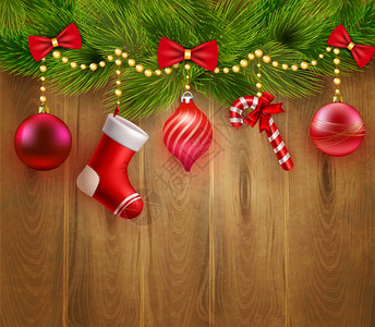 诞节日模板诞节日模板与绿色冷杉树枝红球糖果袜子弓木制背景矢量插图图片