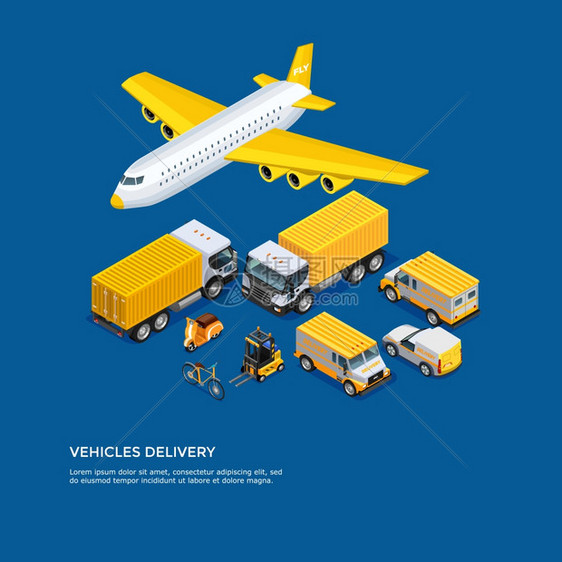 运输等距集同类型的运输交付运输等距蓝色背景矢量插图图片