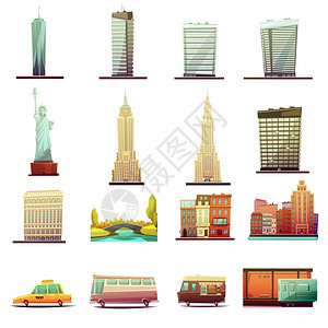 纽约交通景观图标集纽约城市建筑地标旅游景点交通元素复古卡通图标集孤立矢量插图图片