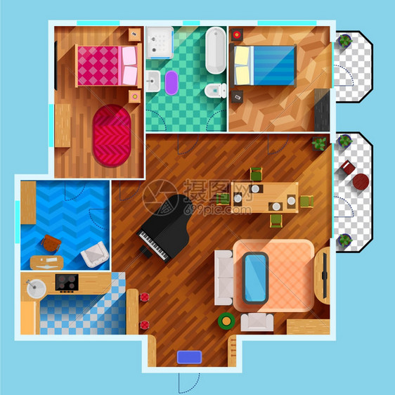 建筑平图建筑平图中两间卧室客厅厨房浴室家具平矢量图图片