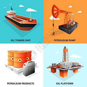 石油工业4个等距图标石油工业4等距图标正方形与提取平台石油运输油轮孤立矢量插图背景图片