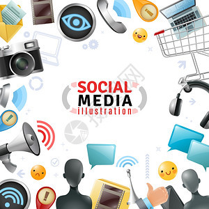 社交媒体模板社交媒体模板与现代设备技术元素标志的白色背景矢量插图图片