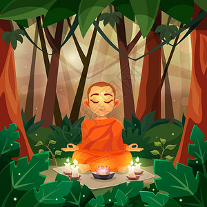 佛陀平插图彩色平海报描绘森林中的佛陀与蜡烛矢量插图图片