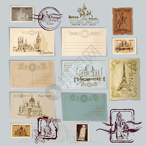 老式明信片套复古旅游明信片邮票模板集矢量插图图片