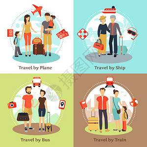 旅行者4平图标广场旅客携带行李运输4平图标广场与公共汽车船舶列车海报抽象孤立矢量插图图片
