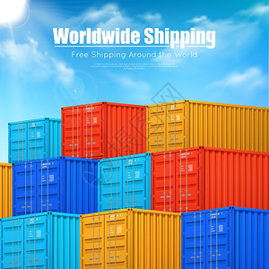 货物集装箱运输海报金字塔同颜色的货物集装箱天空背景下,全球航运等距海报矢量插图图片