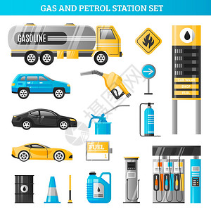 加油站加油站套加油站装饰图标汽油加油机燃油泵架,用于汽车加油平矢量插图图片