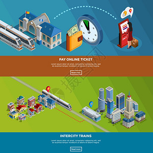铁路主页2等距横幅铁路互联网页用于网上购票城际列车旅程规划师2等距横幅矢量插图背景图片