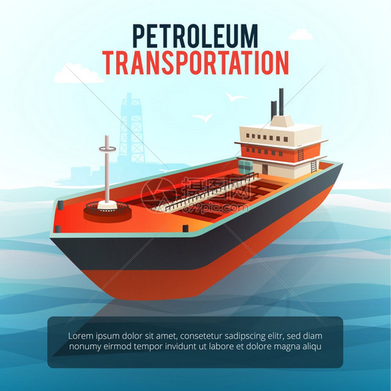 石油运输油轮等距海报石油工业产品运输油轮与石油深水钻井平台的背景海报等距矢量插图图片