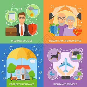 保险服务4平图标广场保险公司服务平图标方形成与生命健康财产保护政策抽象孤立向量插图图片