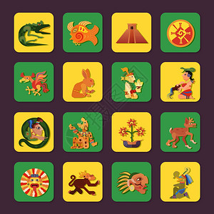 玛雅绿色黄色图标玛雅绿色黄色图标与人艺术符号平孤立矢量插图图片