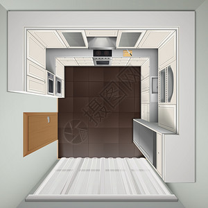 豪华厨房顶景写实形象现代豪华厨房与白色橱柜内置炊具冰箱顶部视图现实图像矢量插图图片