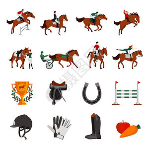 马上升运动图标马上升运动平颜色图标与骑手马背骑师马车马蹄围栏奖图像孤立矢量插图图片