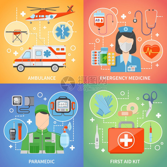 护理人员2x2护理人员2x2集与医疗设备的急救急救医学平矢量插图图片