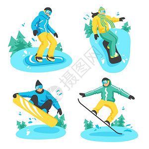 人们滑雪板作文四种颜色的构图,人们滑雪板上以同的姿势骑雪山顶部平矢量插图图片