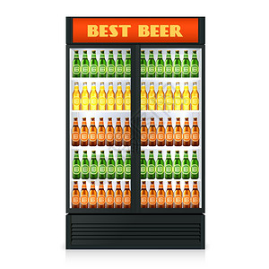 现实的垂直冰箱透明闭门酒精饮料隔离矢量插图的真实垂直冰箱图片