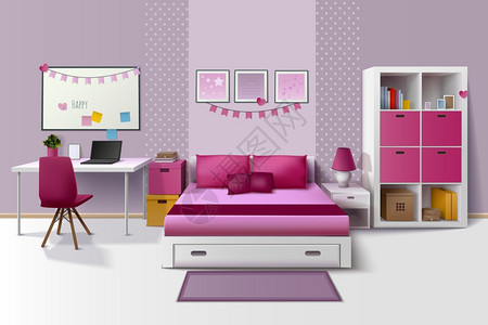 少女室内部写实形象少女室现代室内与磁白板橱柜床粉红色紫红色现实矢量插图图片