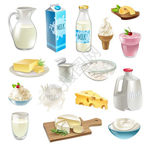 牛奶产品图标牛奶产品卡通图标奶酪黄油孤立矢量插图背景图片