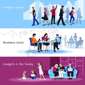 用人平横幅的小工具办公用品商务午餐家庭3平水平横幅海报孤立矢量插图图片