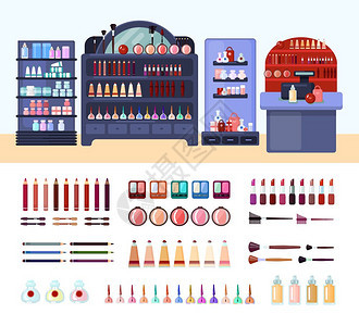 健康美容店成彩色健康美容商店的成与美容化妆图标货架与产品矢量插图图片