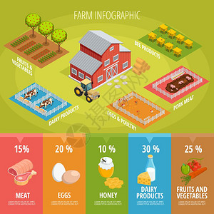 农场食品等距信息图农场食品等距信息图表与家庭拖拉机动物,蔬菜,水果健康机产品矢量插图图片