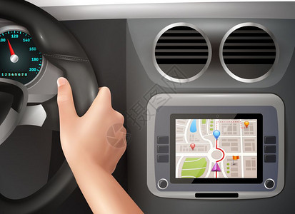 汽车GPS导航驾驶员手握方向盘与GPS导航仪驾驶舱汽车板的真实矢量图图片
