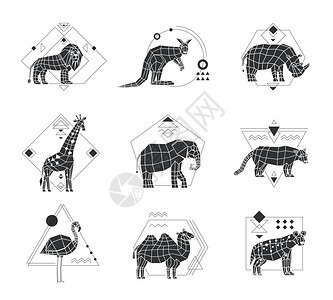 动物多边形单色标志单色多边形集合六个标志与非洲动物几何图案隔离白色背景矢量插图图片