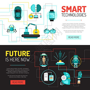 未来现横幅人工智能水平横幅平图像的技术创新机器人电子学与阅读更多的按钮矢量插图背景图片