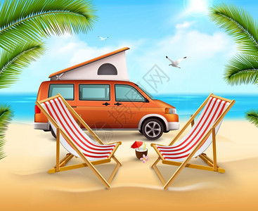夏季露营海报彩色夏季露营海报与现实的车辆阳光明媚的海滩接近海洋矢量插图图片