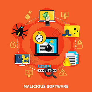 恶意软件恶意软件平与黑客计算机屏幕中心防火墙病bug木马标志周围的卡通矢量插图图片