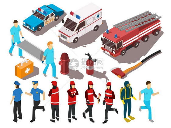 救援服务等距装置救援服务人员的汽车设备等距隔离白色背景三维矢量插图图片